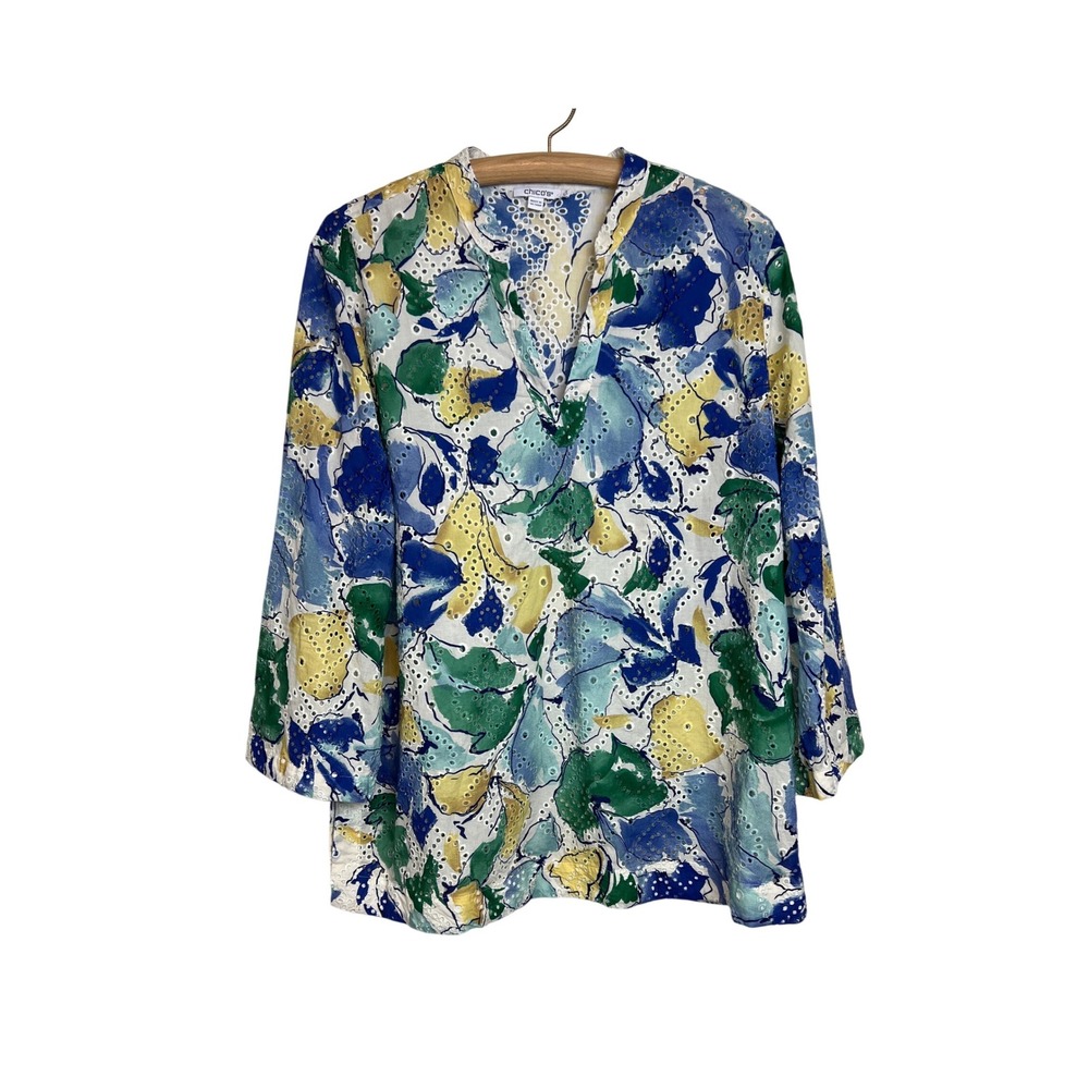 Chico's Floral Eyelet Tunic Women 3 US 16 Blue Green Yellow V-Neck Cotton G19